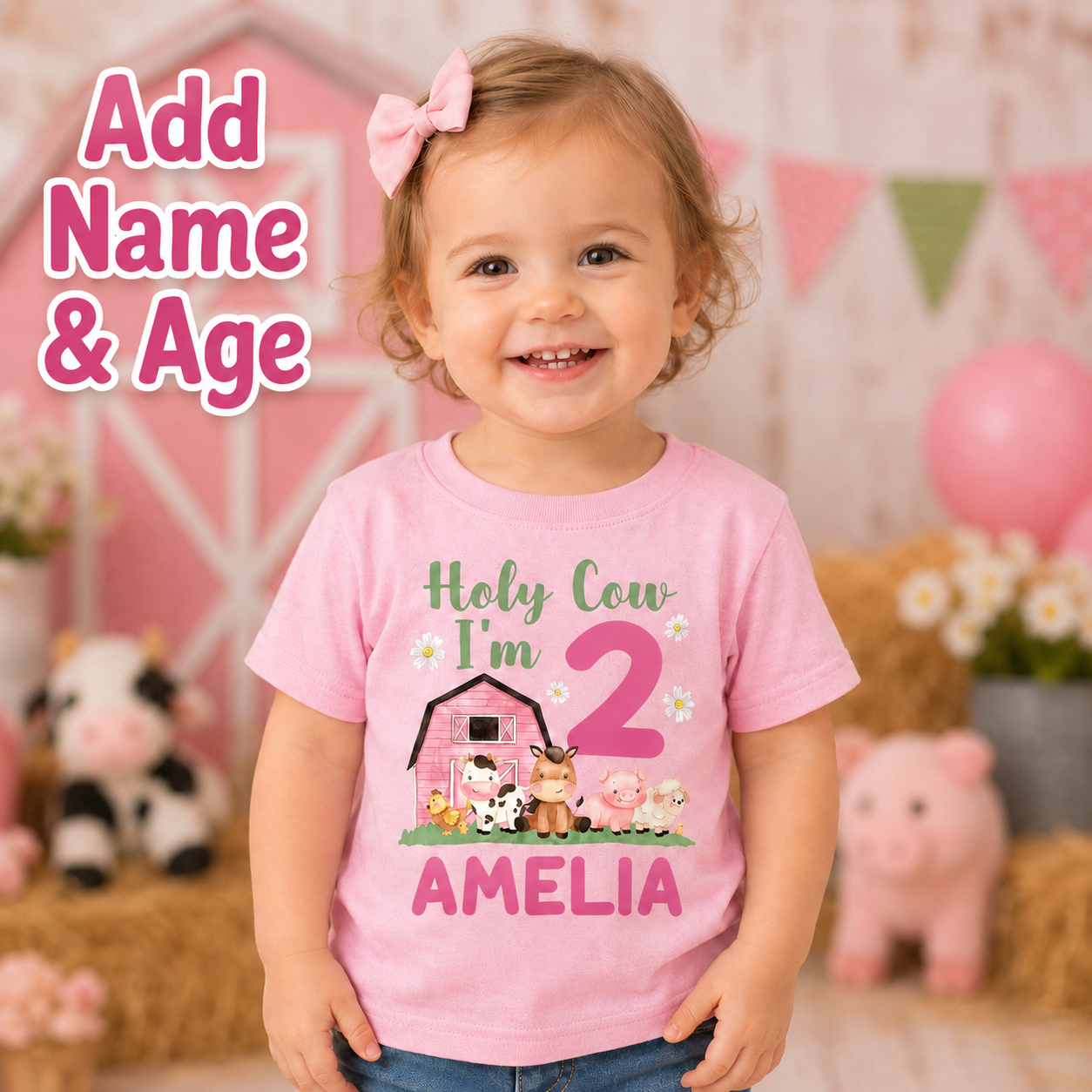 Farm Personalized Name and Age Pink T-shirt